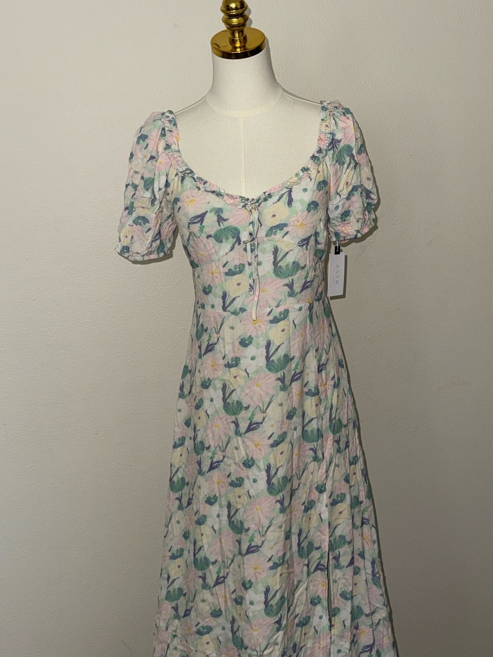 Astr Pastel Floral Puff-Sleeve Tie-Front Top